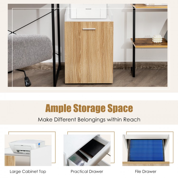 Mobile file cabinet with two drawers in white, featuring a spacious top and wheels for easy movement in the office.